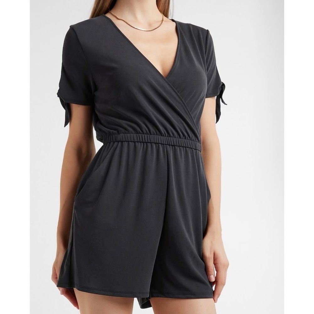 Silky Sueded Jersey Wrap Front Tie Sleeve Romper